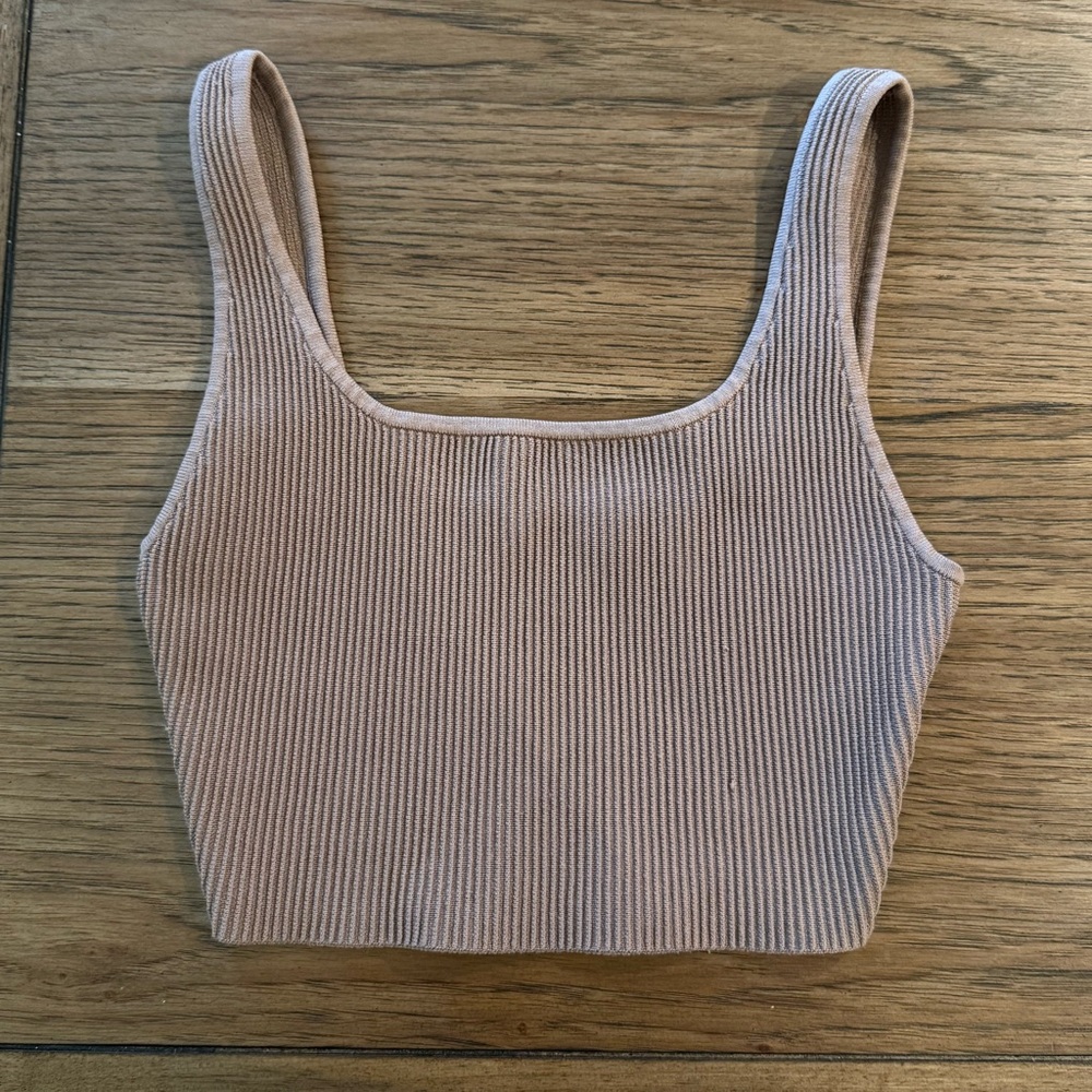 Aritzia Babaton Sculpt Ribbed Crop Tank Top Women's S  Tan Brown Scoop Neck